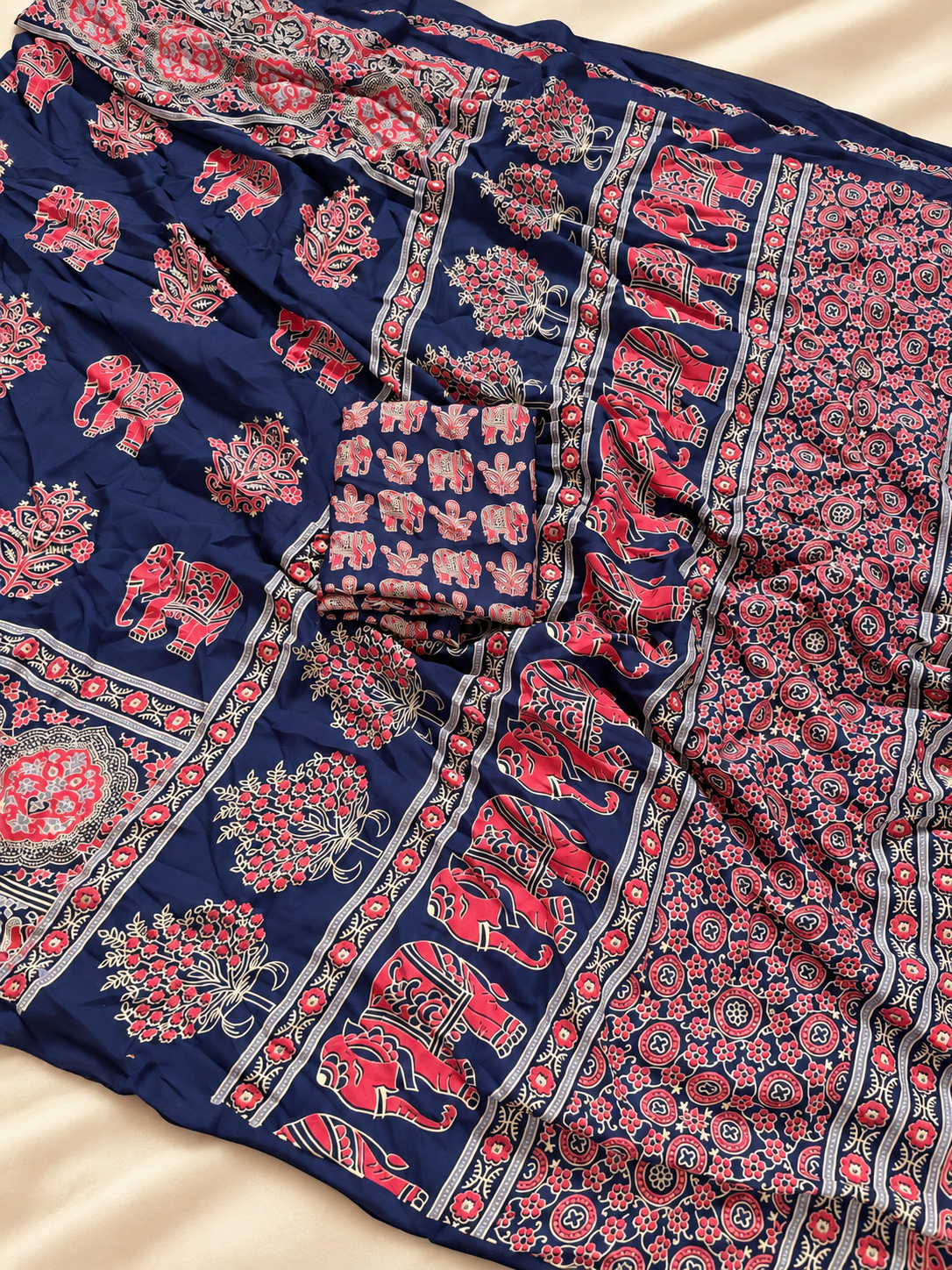 Beautiful Navy Blue Gajji Silk Saree with Traditional Ajrakh Print