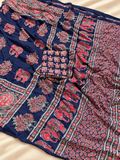 Beautiful Navy Blue Gajji Silk Saree with Traditional Ajrakh Print