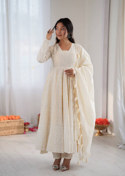 Elegant Off-White Pure Kora Cotton Anarkali Suit Set
