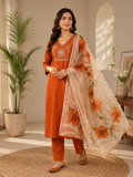 Elegant Rust Premium Roman Silk Embroidered Suit Set with Floral Dupatta