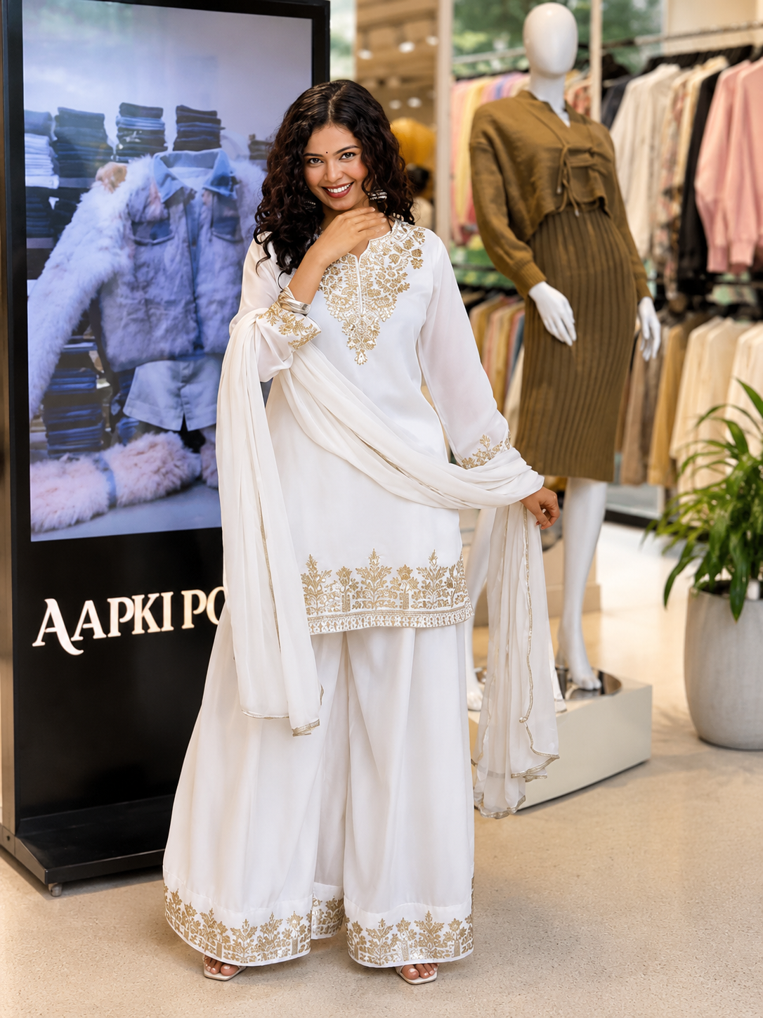 Very Attractive White Fandy Silk Embroidered Suit Set with Dupatta