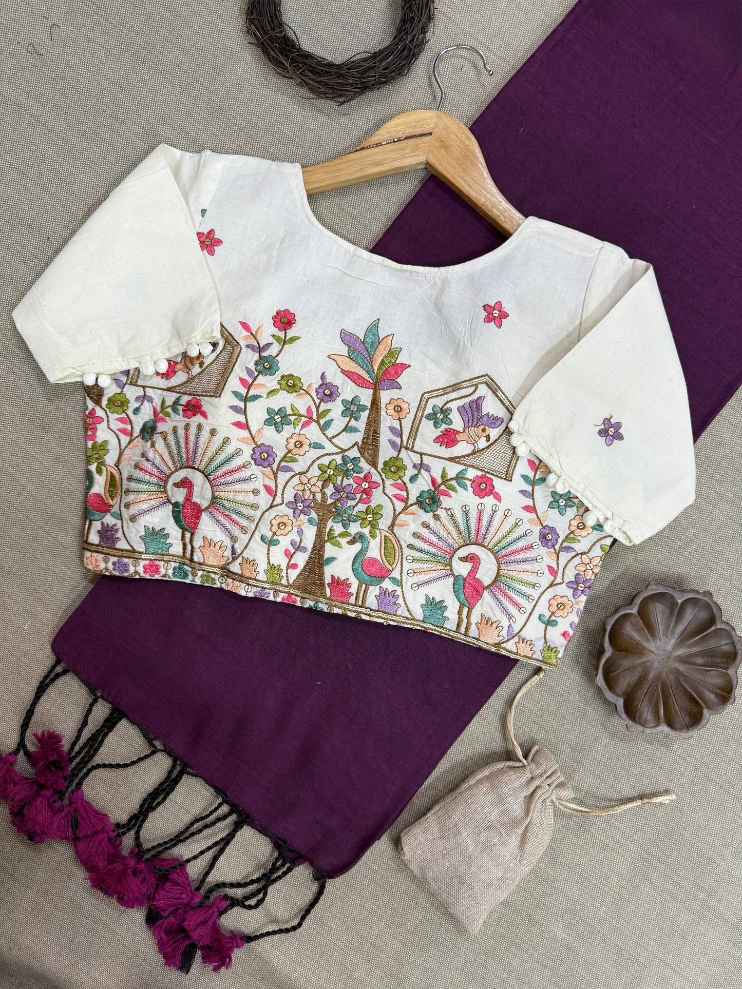 Wine Pure Handloom Cotton Saree With Stitched Embroidery Blouse