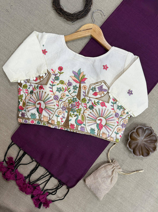 Wine Pure Handloom Cotton Saree With Stitched Embroidery Blouse