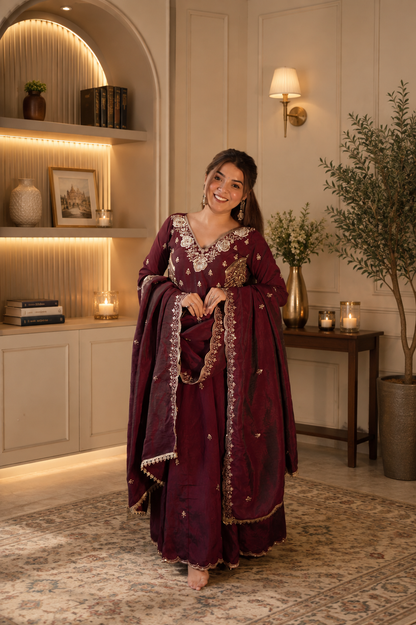 New Designer Vichitra Silk Embroidered Anarkali Suit Set