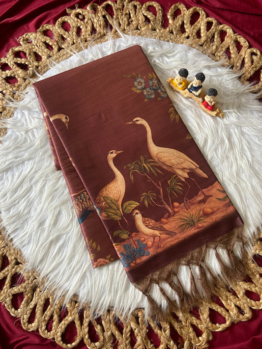 Premium Copper Brown Crane Print Soft Tussar Silk Saree