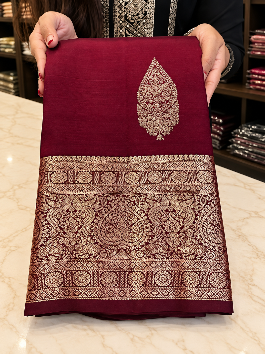 Beautiful Deep Wine Soft Banarasi Silk Saree with Rich Antique Gold Zari Border