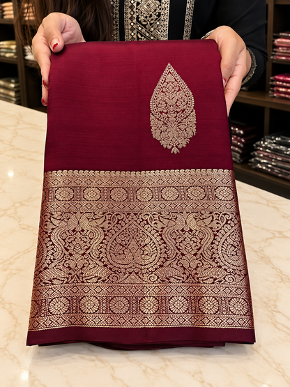 Beautiful Deep Wine Soft Banarasi Silk Saree with Rich Antique Gold Zari Border