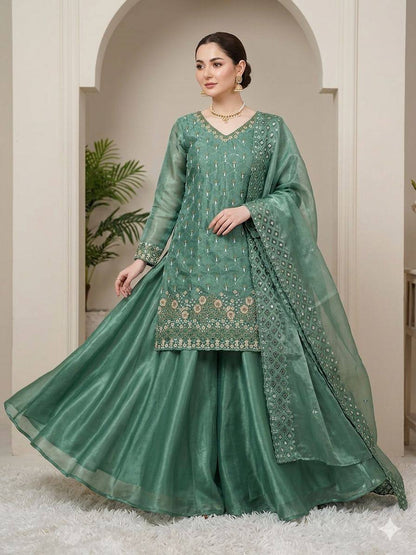 Pastel Green Fendy Silk Sharara Suit Set with Sequence Embroidery Work