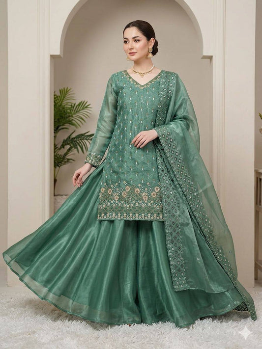 Pastel Green Fendy Silk Sharara Suit Set with Sequence Embroidery Work