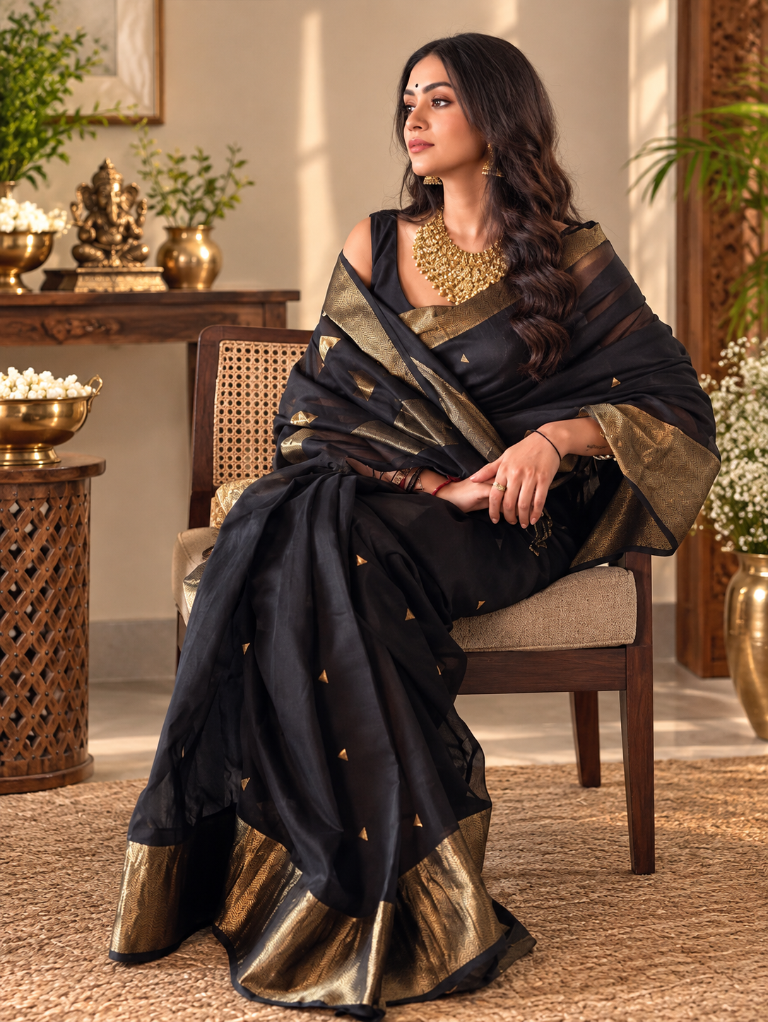 Premium Black Linen Silk Saree with Antique Gold Zari Border