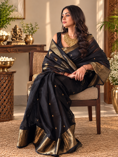 Premium Black Linen Silk Saree with Antique Gold Zari Border