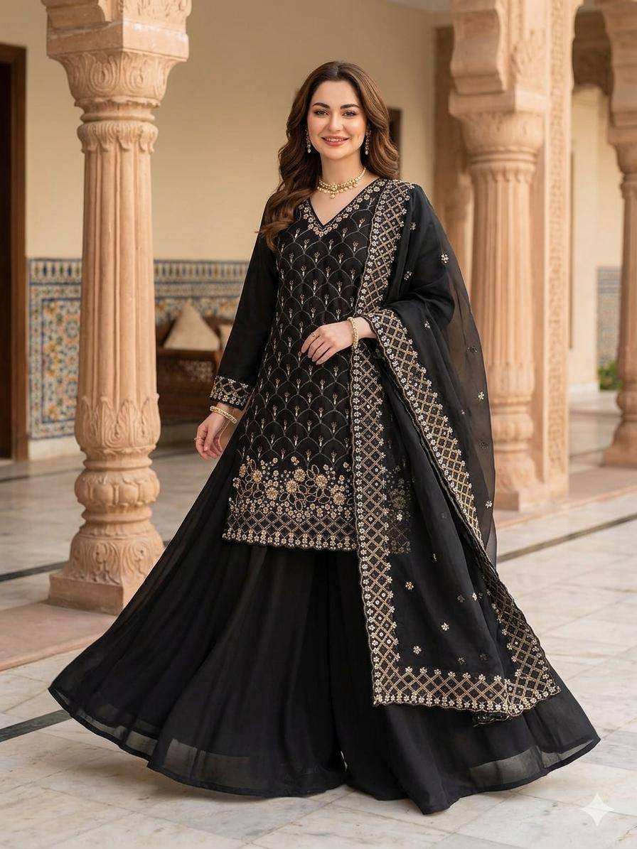 Elegant Black Embroidered Fendy Fabric Sharara Set with Sheer Dupatta