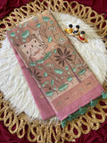 Traditional Dusty Pink 3D Woven Soft Muga Cotton Paithani Saree