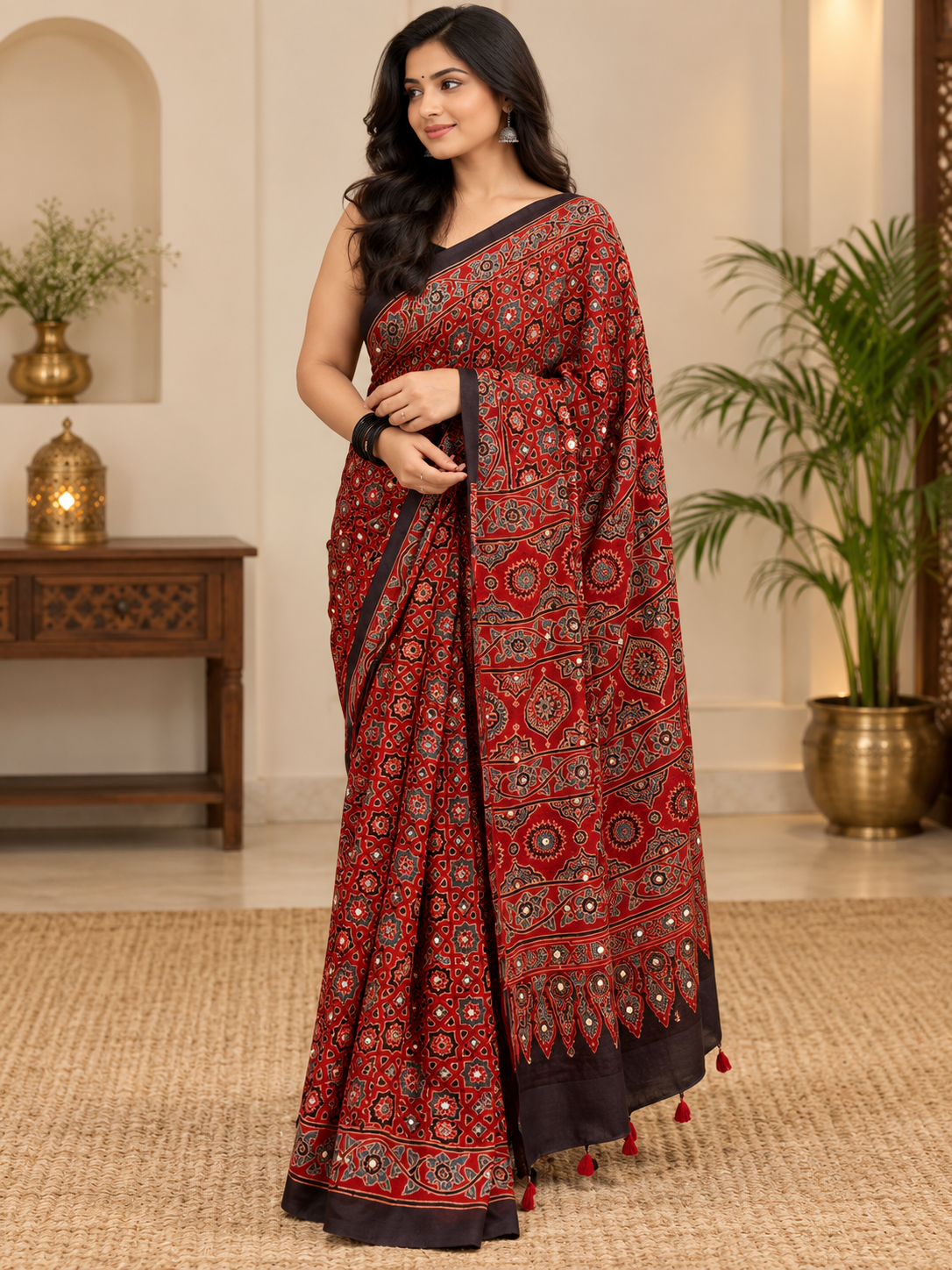 Very Beautiful Maroon Ajrakh Hand-Block Printed Gajji Silk Saree With Mirror Work