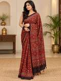 Very Beautiful Maroon Ajrakh Hand-Block Printed Gajji Silk Saree With Mirror Work