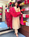 Elegant Cream Roman Silk Embroidered Suit Set with Banarasi Dupatta
