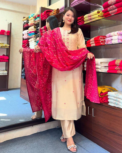 Elegant Cream Roman Silk Embroidered Suit Set with Banarasi Dupatta