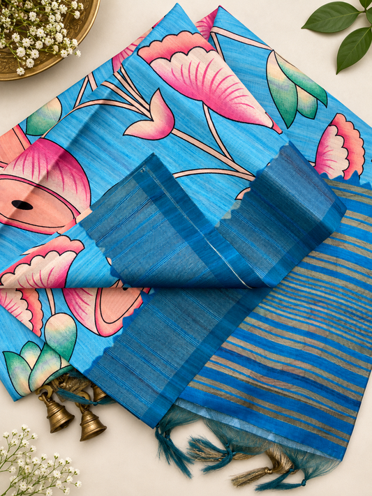 Azure Bloom Soft Tussar Silk Saree with Artistic Floral Print