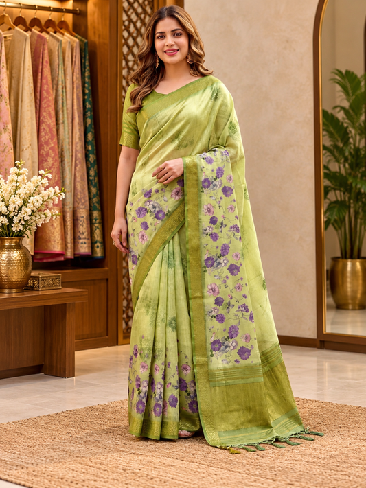 Kiara Lime Green Floral Print Soft Tissue Silk Saree with Woven Zari Border