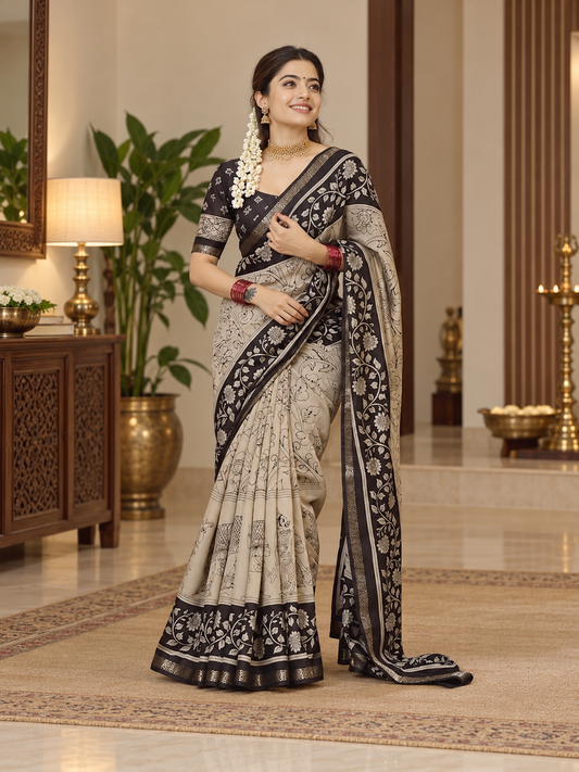 The Rashmika Inspired Kalamkari Print Cotton Silk Saree