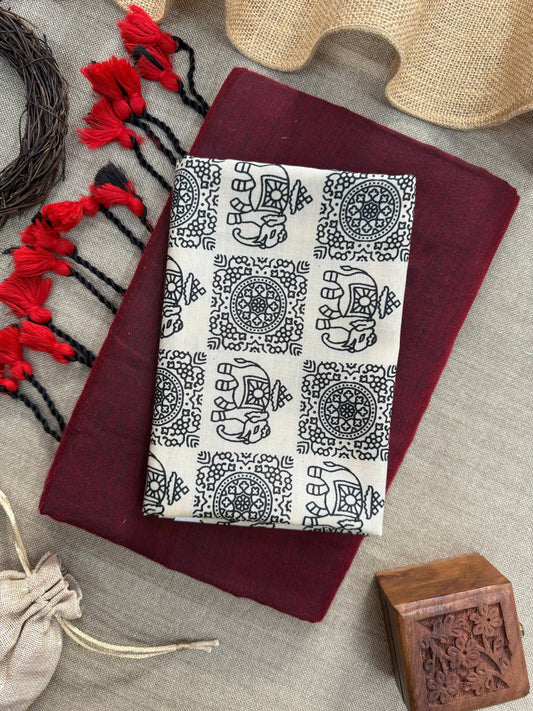 ATTRACTIVE - MAROON HANDLOOM COTTON SAREE WITH PRINTED BLOUSE