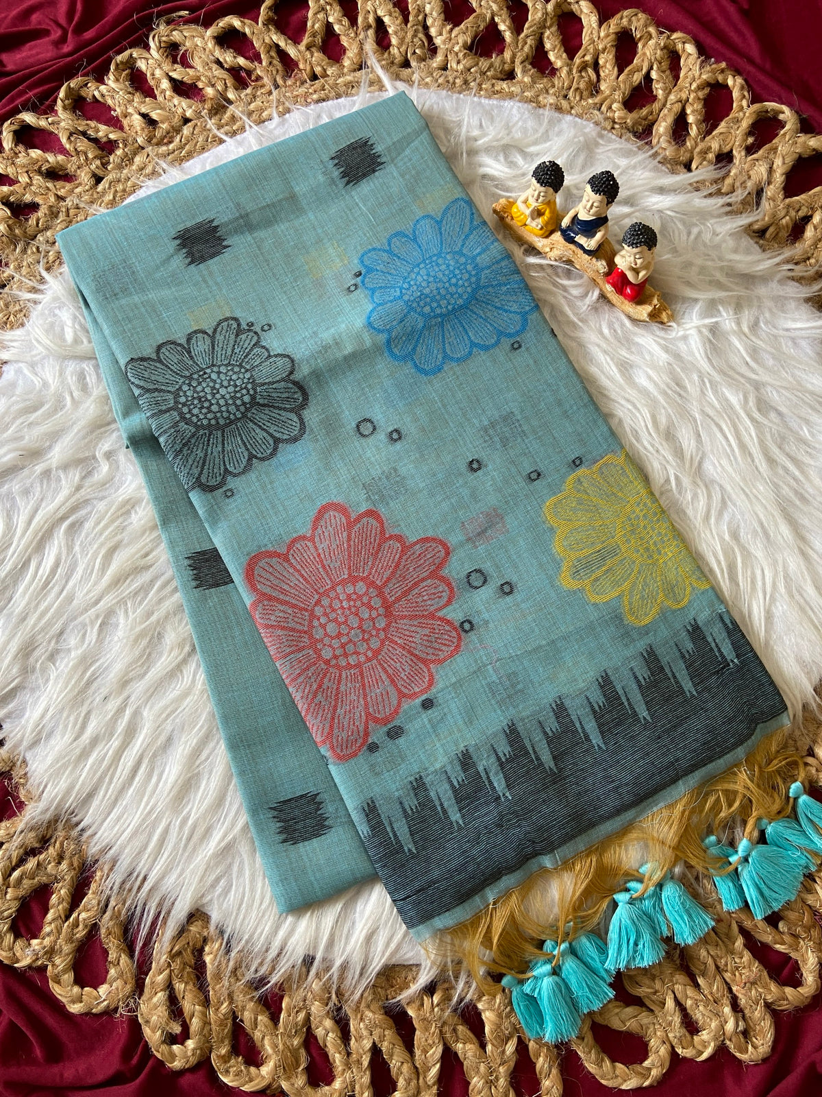 Very Attractive Slate Blue Floral Woven Soft Muga Cotton Saree