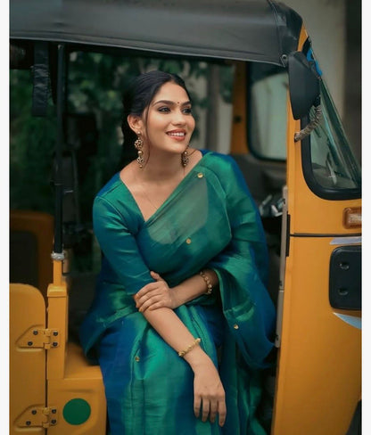 Mul Cotton Raga Tissue : Bluish Green with Tassels