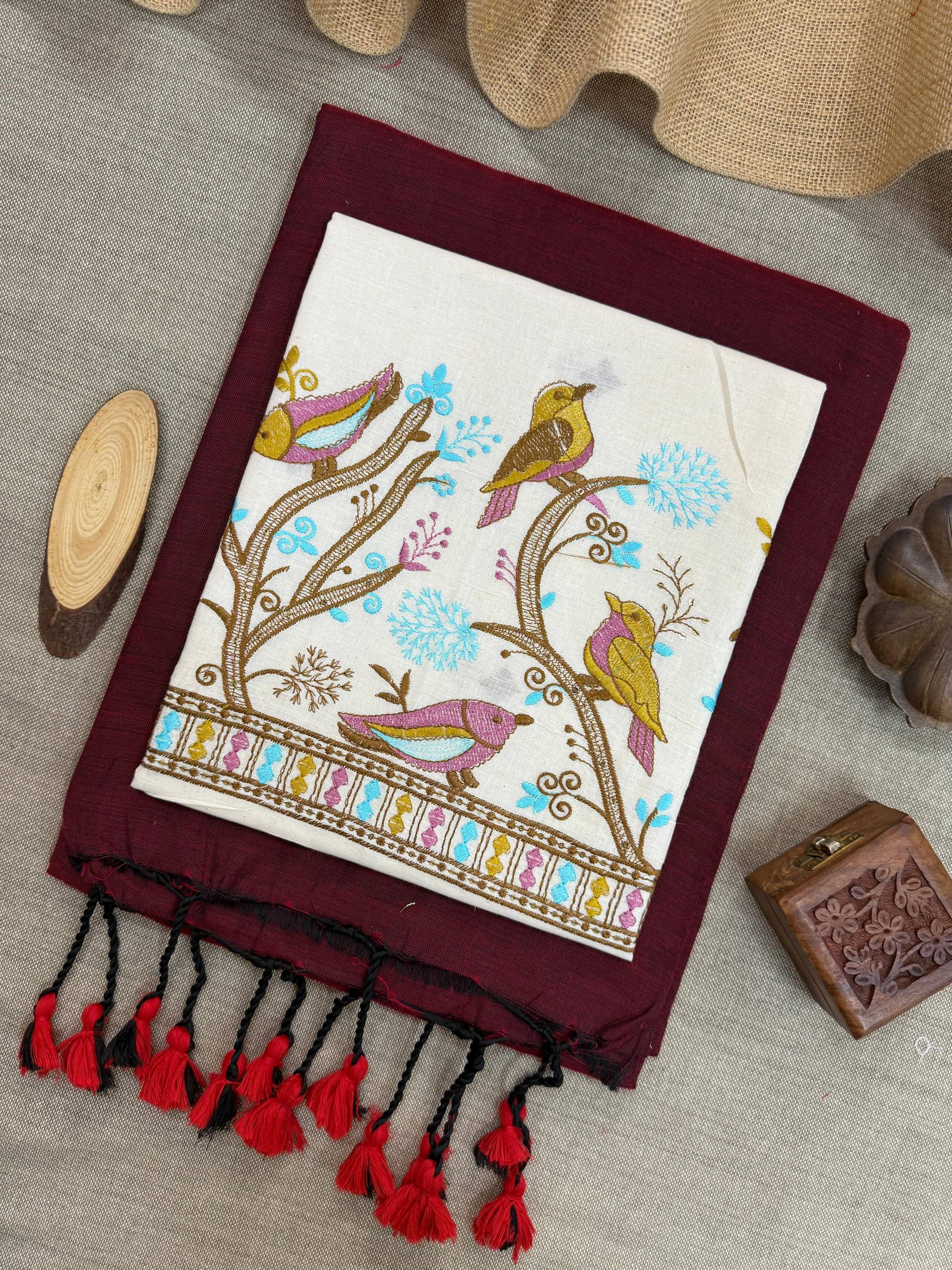 MAROON HANDLOOM COTTON SAREE WITH EMBROIDERY WORK BLOUSE