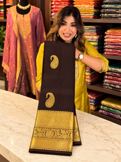 Elegant Coffee Brown Gold Zari Soft Banarasi Silk Saree With Glowing Blouse Piece