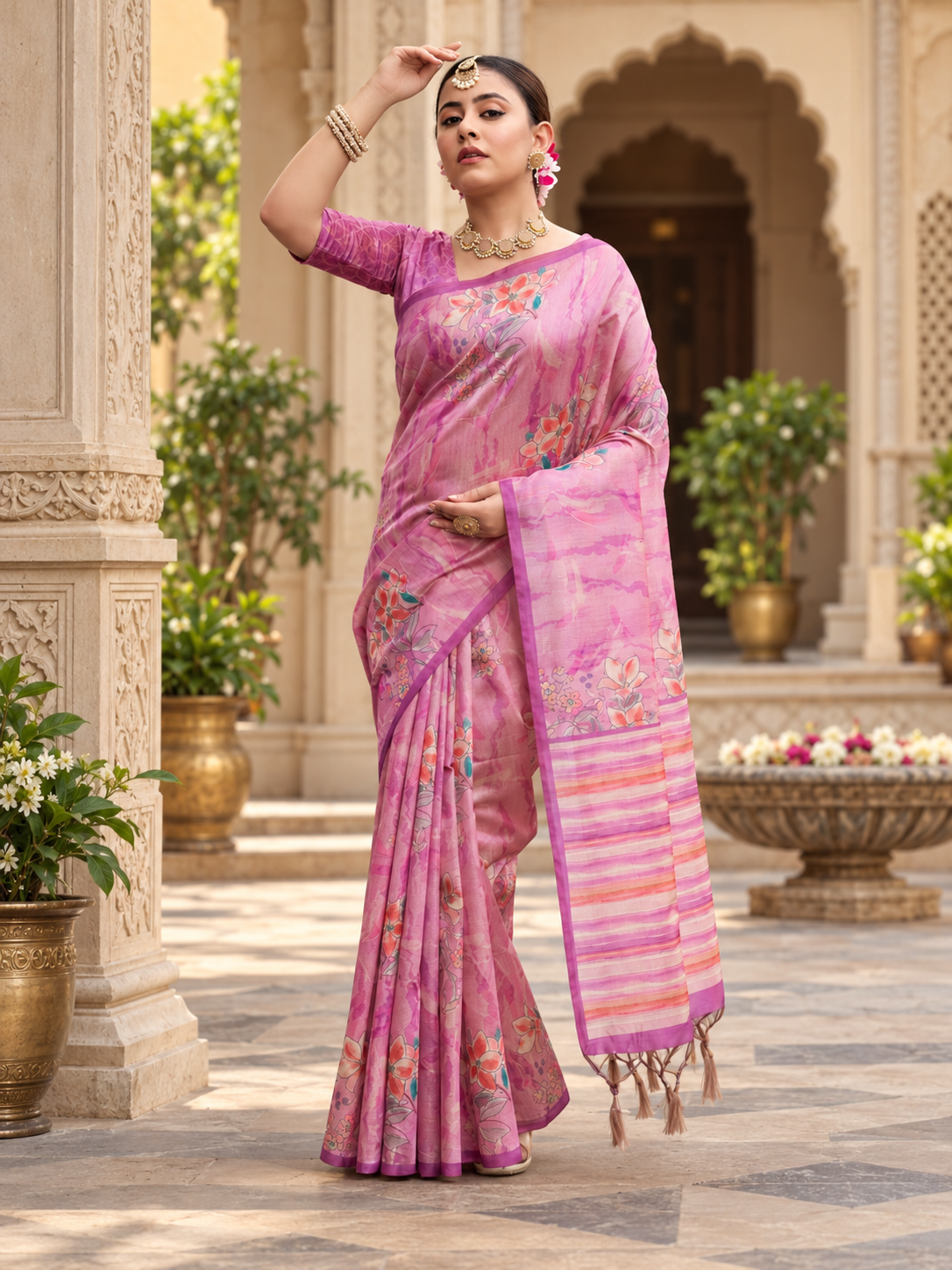 Ira Pink – Premium Printed Soft Tussar Silk Saree