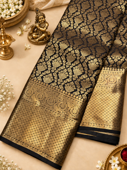 Very Attractive Black & Gold Woven Jacquard Soft Banarasi Silk Saree
