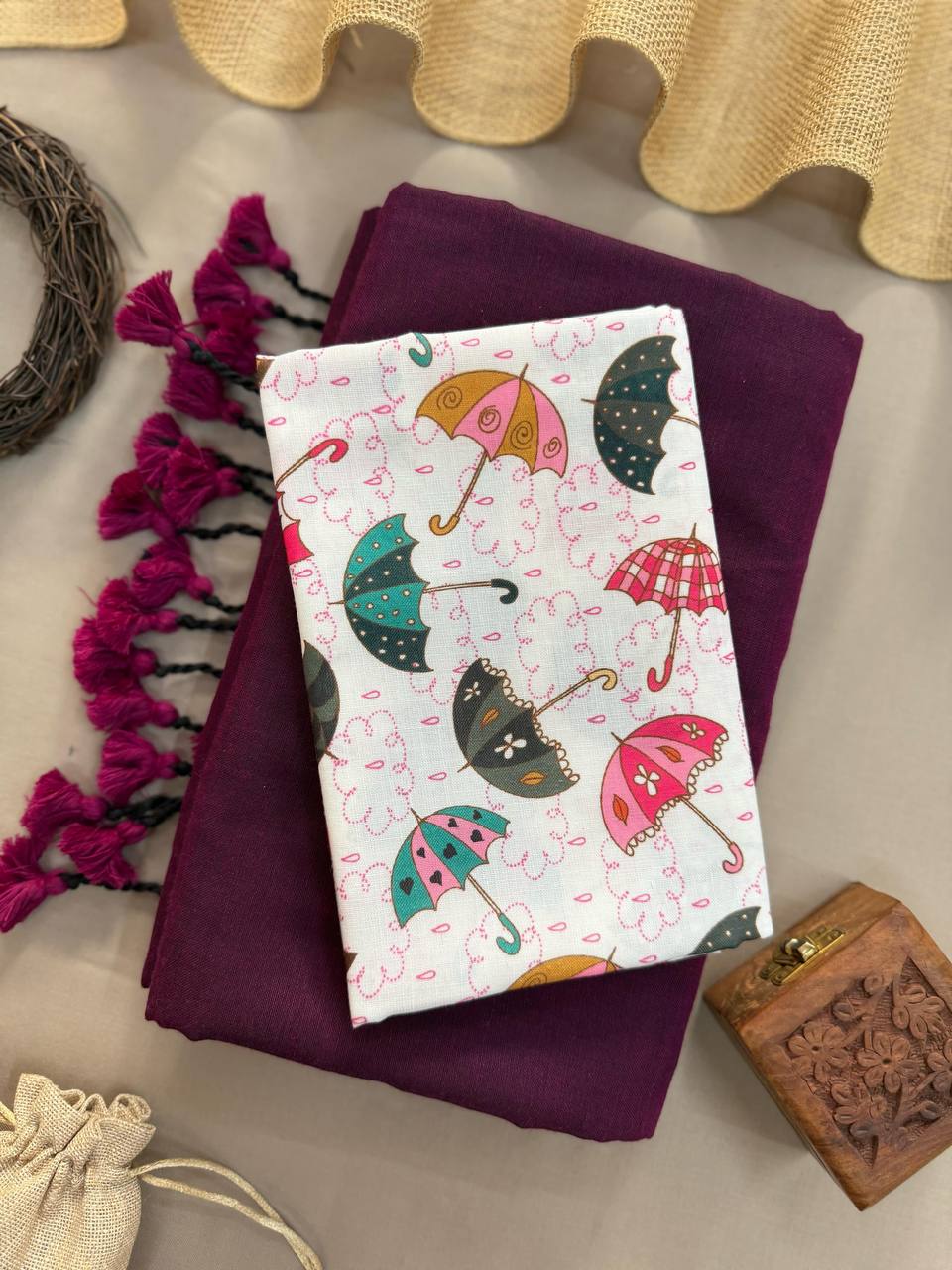 Dharma - Purple Handloom Cotton Saree With Purple Tassels & Printed Blouse