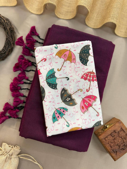 Dharma - Purple Handloom Cotton Saree With Purple Tassels & Printed Blouse