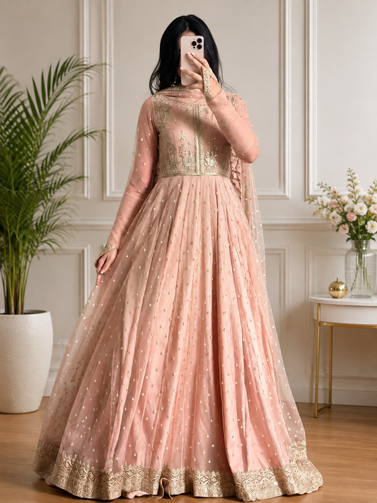 Peach Faux Georgette Thread and Sequence Anarkali Suit Set