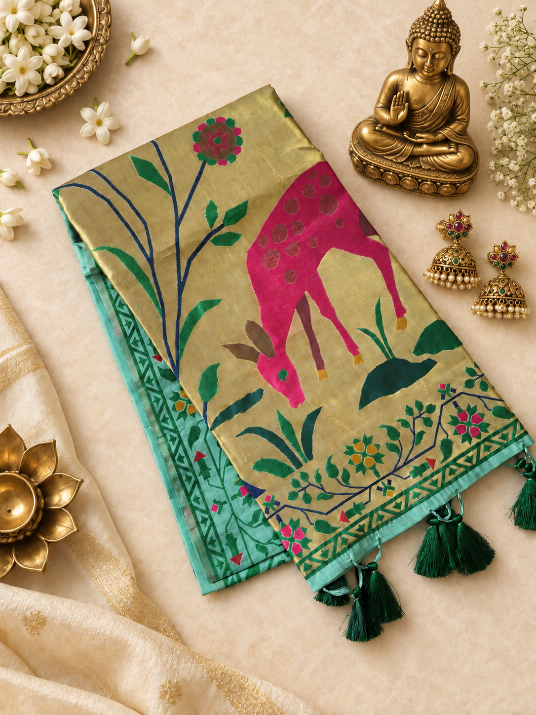 Premium Muga Cotton Paithani Saree with Woven Deer Motif