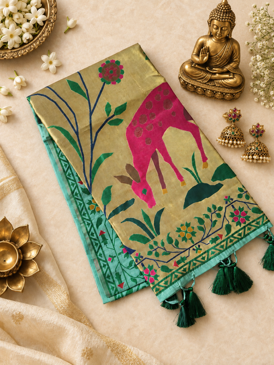 Premium Muga Cotton Paithani Saree with Woven Deer Motif