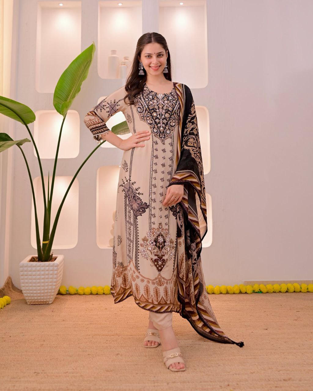 Dazzling Beige & Black Printed Pure Muslin Suit Set with Real Mirror Work