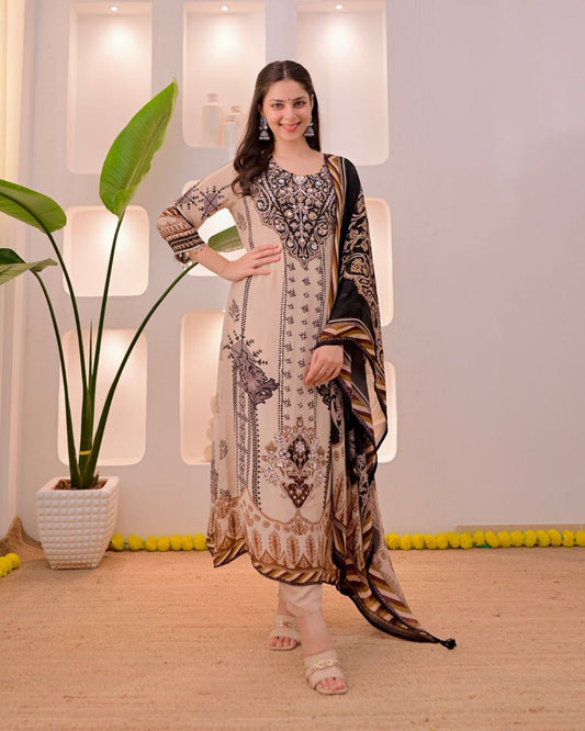 Dazzling Beige & Black Printed Pure Muslin Suit Set with Real Mirror Work