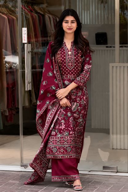Designer Wine Soft Muslin Digital Floral Salwar Suit Set