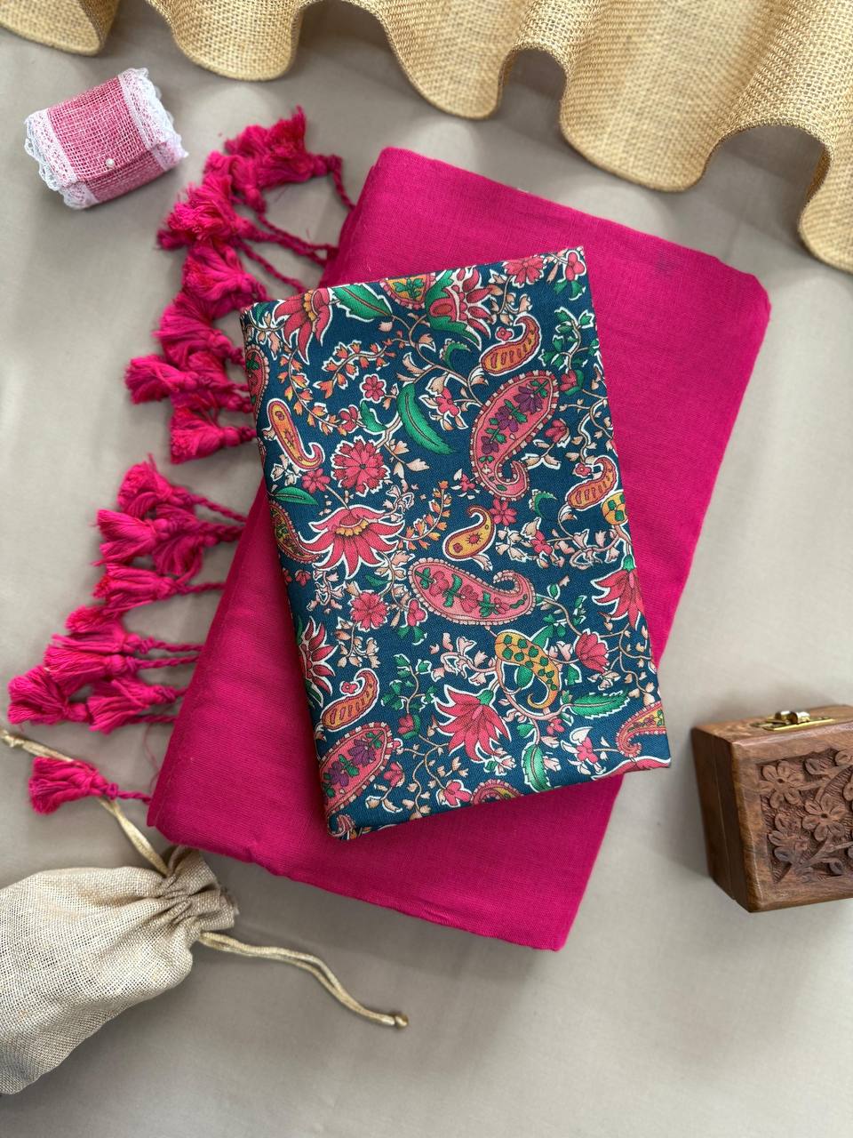 Pink Handloom Cotton Saree With Kalamkari Print Blouse