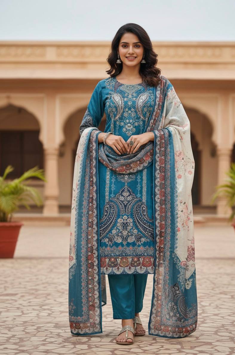 Elegant Teal Blue Chinon Printed Suit Set with Real Mirror Work