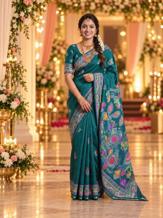 Elegant Teal Blue Handloom Soft Tussar Silk Saree with Elegant Pallu