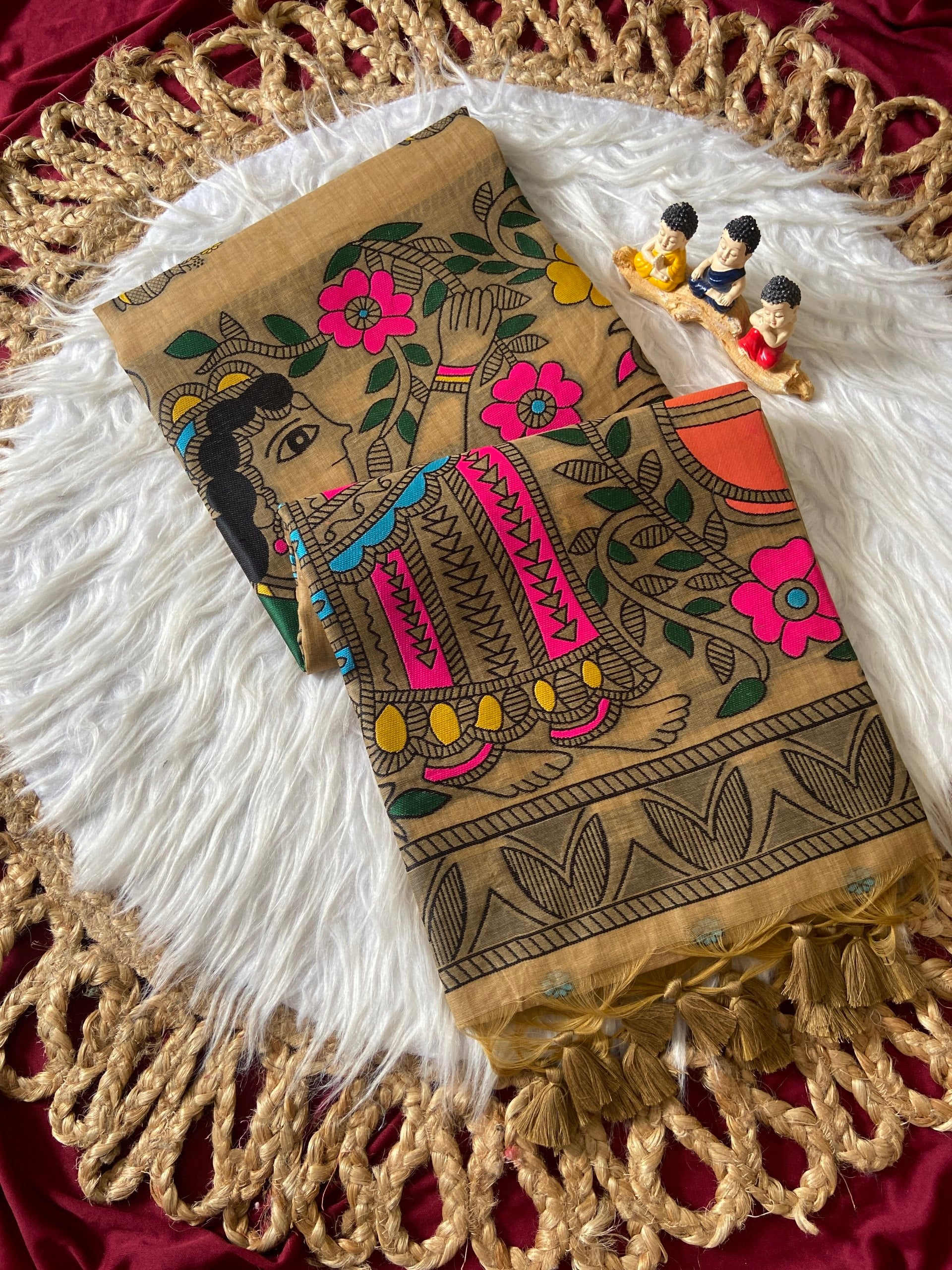 Traditional Madhubani Beige Soft Muga Cotton Resham Weaving Saree
