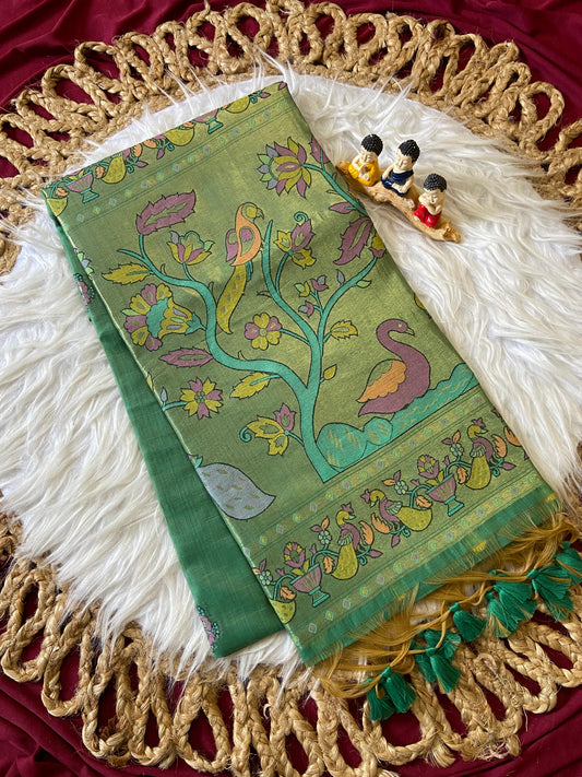 Aaradhya - Olive Green Soft Muga Cotton Paithani Saree