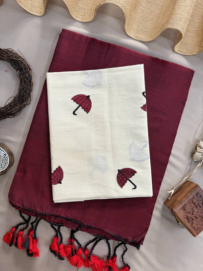 Attractive Maroon Handloom Cotton Saree With Trandy Embroidery Blouse
