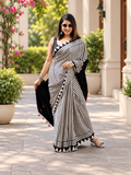 Attractive Black & White Striped Hand Block Printed Modal Silk Saree