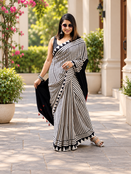 Attractive Black & White Striped Hand Block Printed Modal Silk Saree