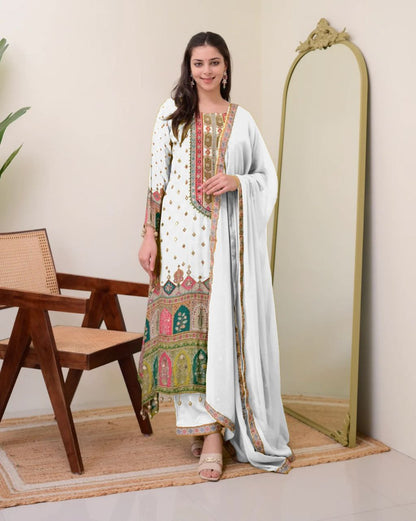 Elegant White Printed Muslin Suit Set with Sequin Embroidery Work