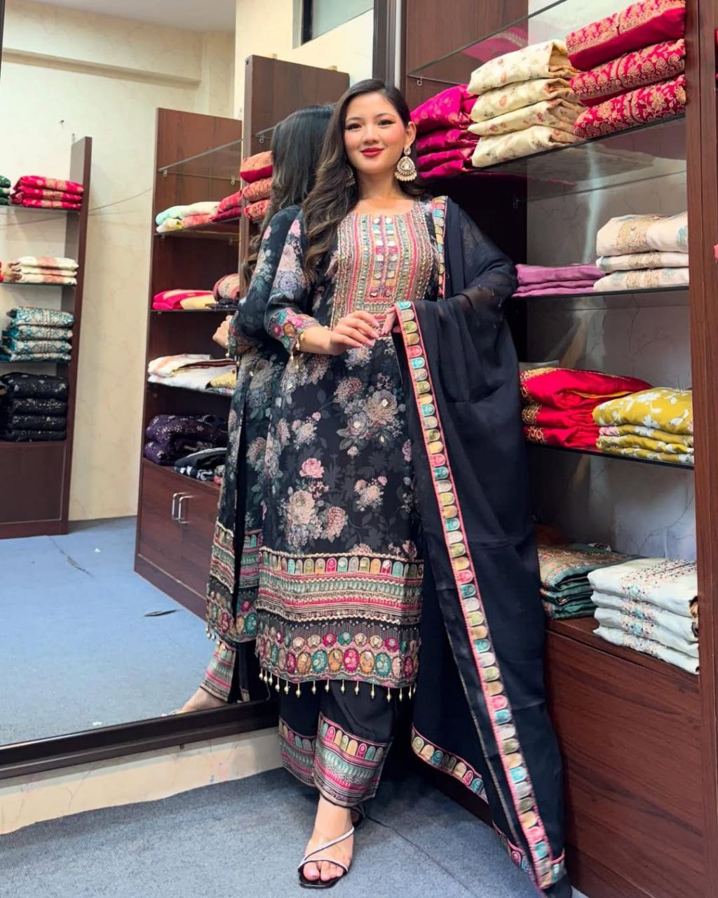 Elegant Black Chinon Silk Embroidered Salwar Suit with Fancy Mirror Work