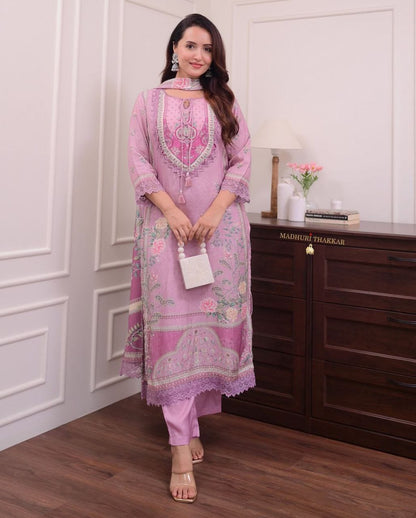 Festive Printed Hand Embroidery Soft Muslin Suit Set
